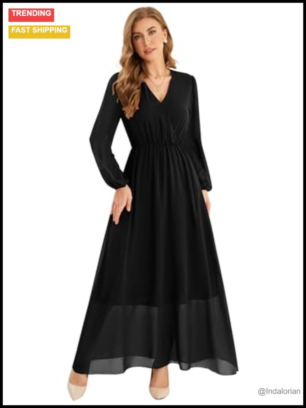 Women Long Sleeve Chiffon Maxi Dress V Neck Floral Flowy A-Line